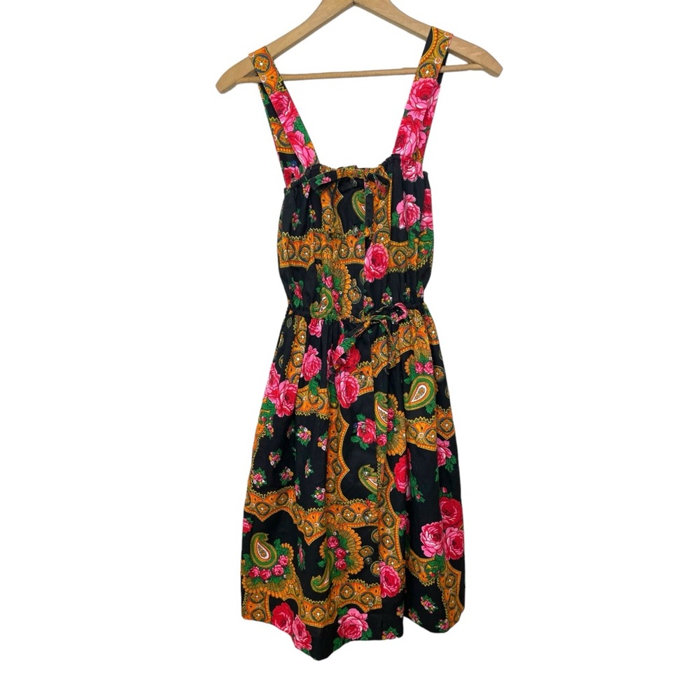 Vintage 70s printed Dress XS Knee Length Paisley Rose Button Front A Line